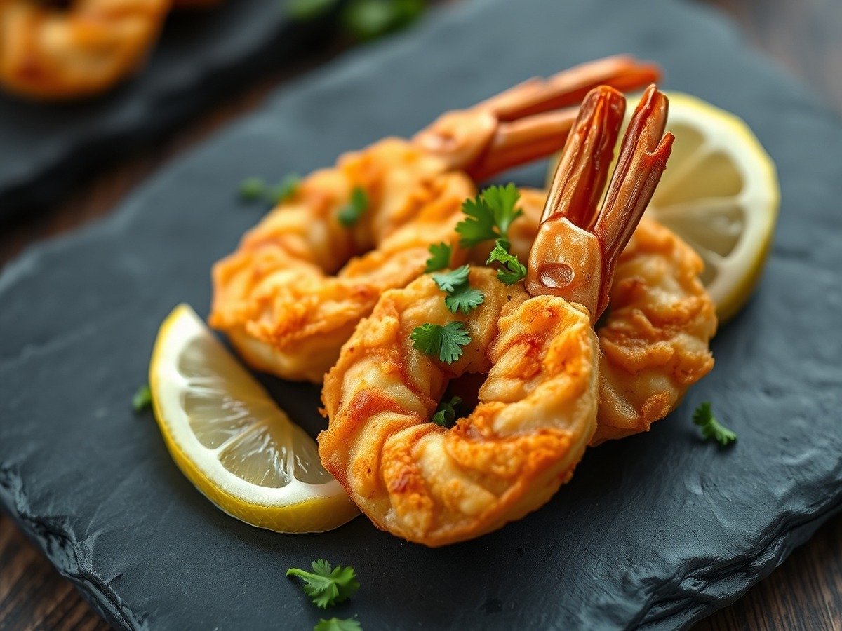 Can you air fry frozen cooked shrimp? cooking process - Macro food photography of crispy, perfectly warmed air-fried shrimp garnished with fresh chopped par