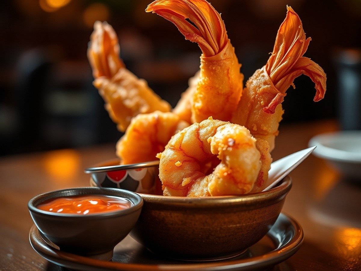 Can you air fry frozen cooked shrimp? final dish overhead - Appetizer presentation of air-fried shrimp served in a small ceramic bowl with a side of cocktail sa