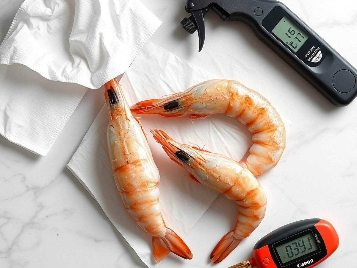 Can you air fry frozen cooked shrimp? plating and garnish - A clean culinary science flat lay showing raw frozen cooked shrimp, paper towels, a spray bottle of