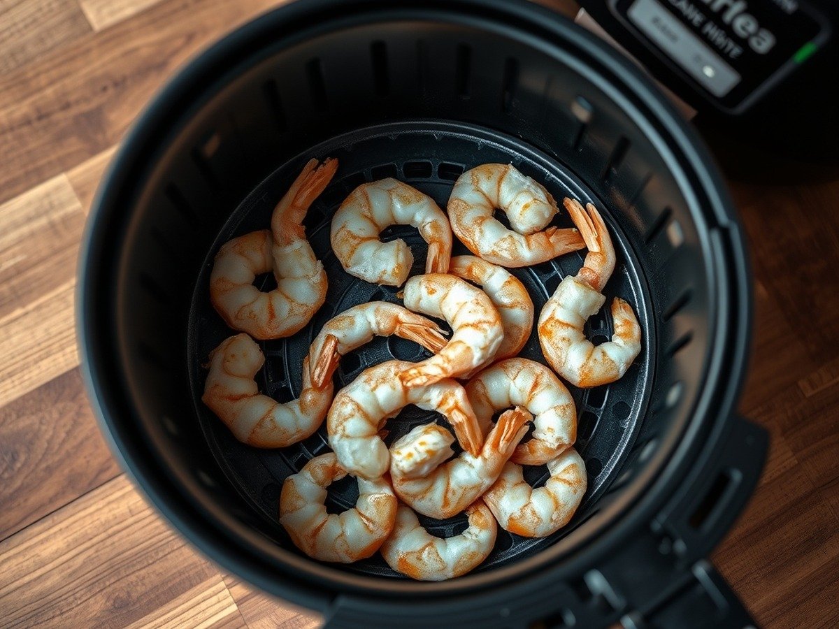 Can you air fry frozen cooked shrimp? preparation close-up - Photorealistic shot of frozen cooked shrimp arranged in a single layer inside a modern black air fry