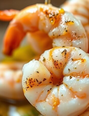 Can you air fry frozen cooked shrimp? recipe hero presentation - Close-up food photography of seasoned frozen cooked shrimp being tossed in a bowl with olive oil and
