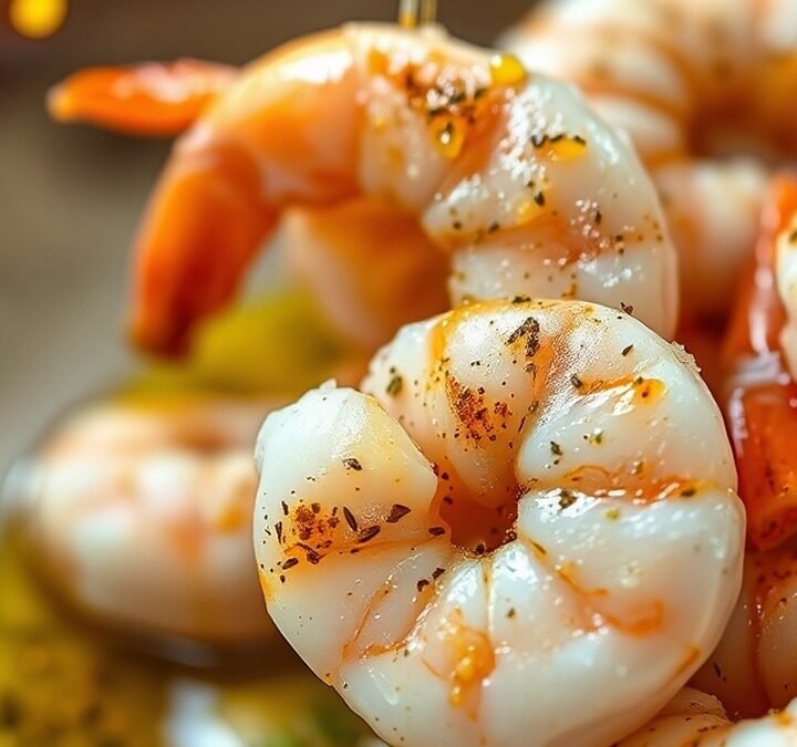 Can you air fry frozen cooked shrimp? recipe hero presentation - Close-up food photography of seasoned frozen cooked shrimp being tossed in a bowl with olive oil and
