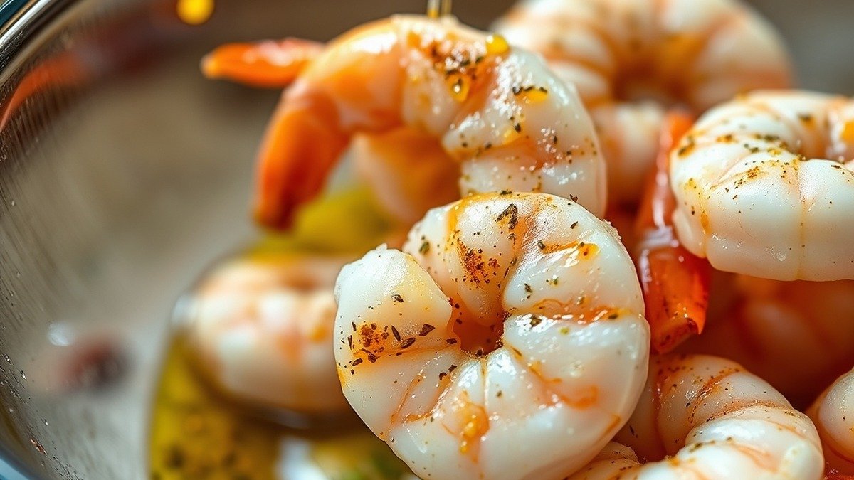 Can you air fry frozen cooked shrimp? recipe hero presentation - Close-up food photography of seasoned frozen cooked shrimp being tossed in a bowl with olive oil and