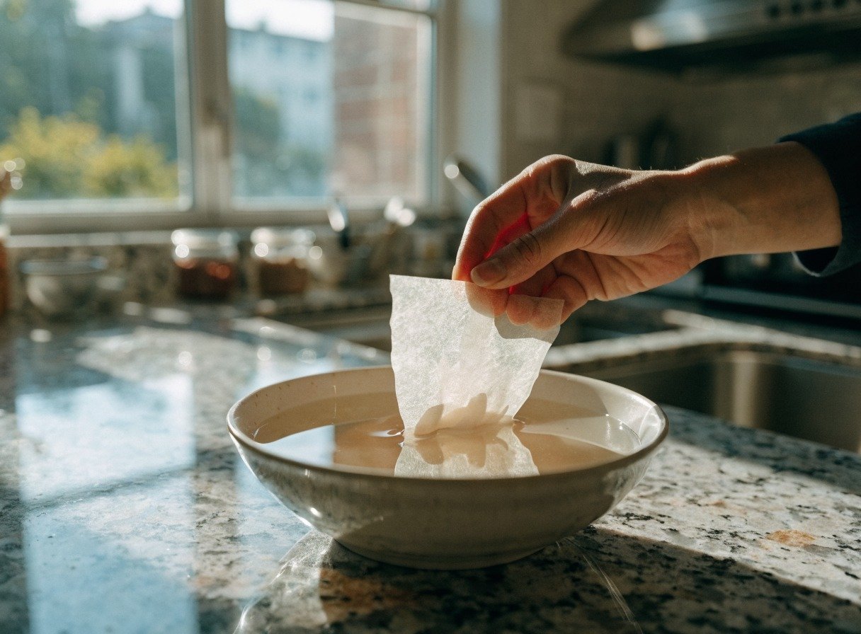 Can you cook rice paper dumplings in an air fryer? cooking process - Action shot of a pair of hands dipping a translucent rice paper sheet into a shallow bowl of warm wa