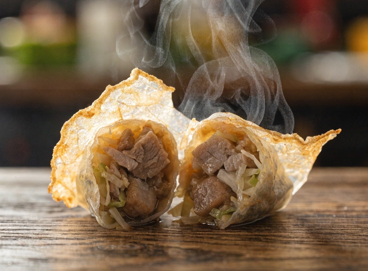 Can you cook rice paper dumplings in an air fryer? final dish overhead - Close-up shot of a freshly cooked rice paper dumpling cut in half, revealing the steaming savory por