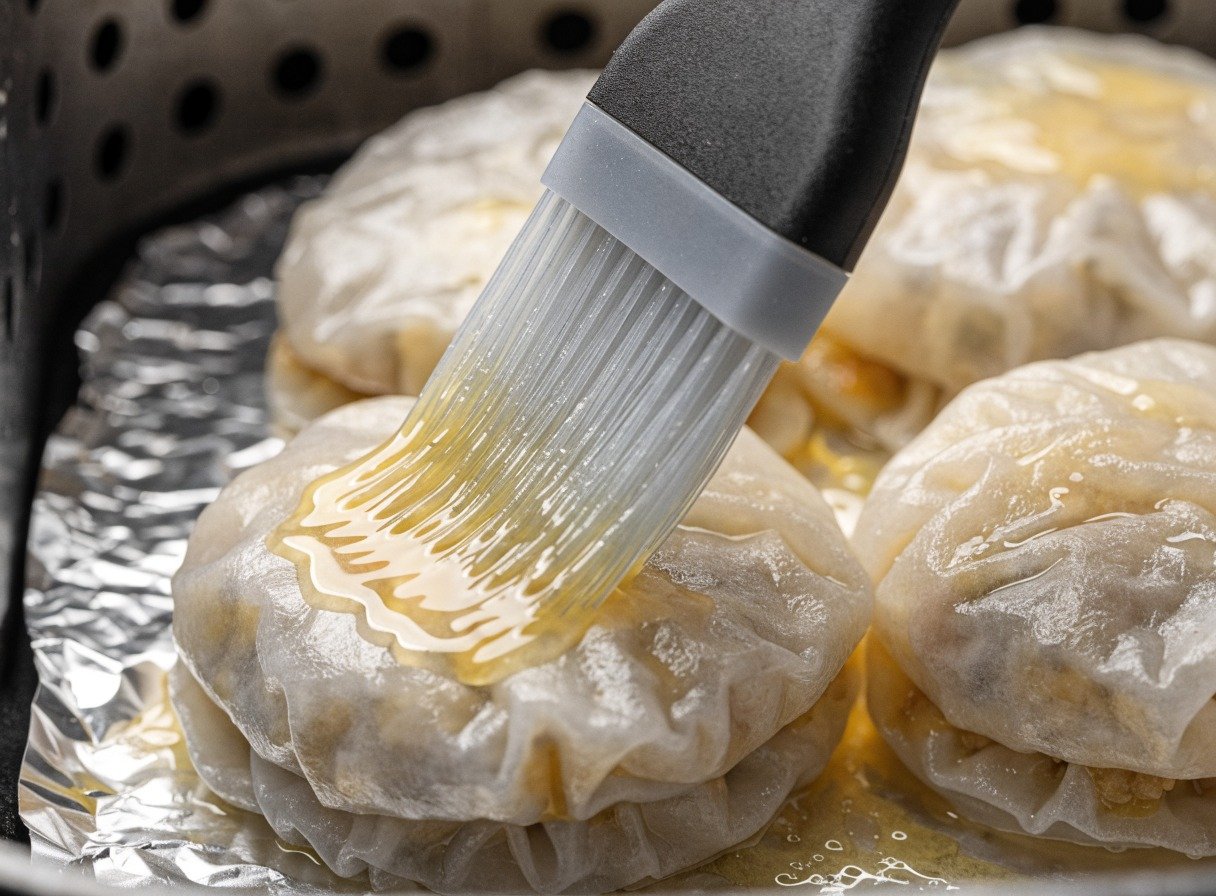 Can you cook rice paper dumplings in an air fryer? plating and garnish - Detailed close-up shot of double-layered rice paper dumplings being brushed thoroughly with neutral