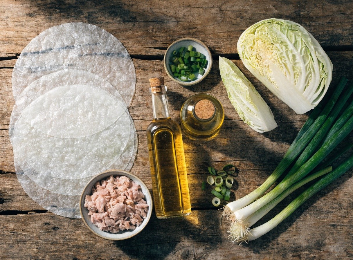 Can you cook rice paper dumplings in an air fryer? preparation close-up - Beautifully organized flatlay of ingredients for rice paper dumplings including rice paper sheets, m