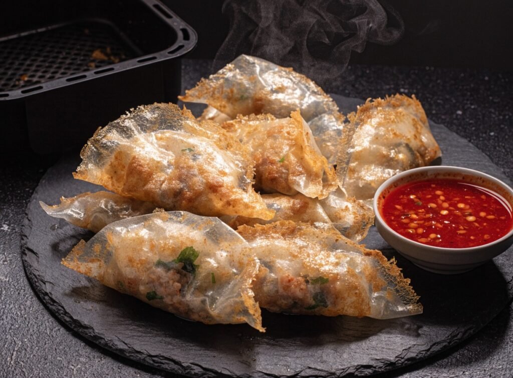 Can you cook rice paper dumplings in an air fryer? recipe hero presentation - Stunning photorealistic hero shot of crispy golden rice paper dumplings cooked in an air fryer, serv