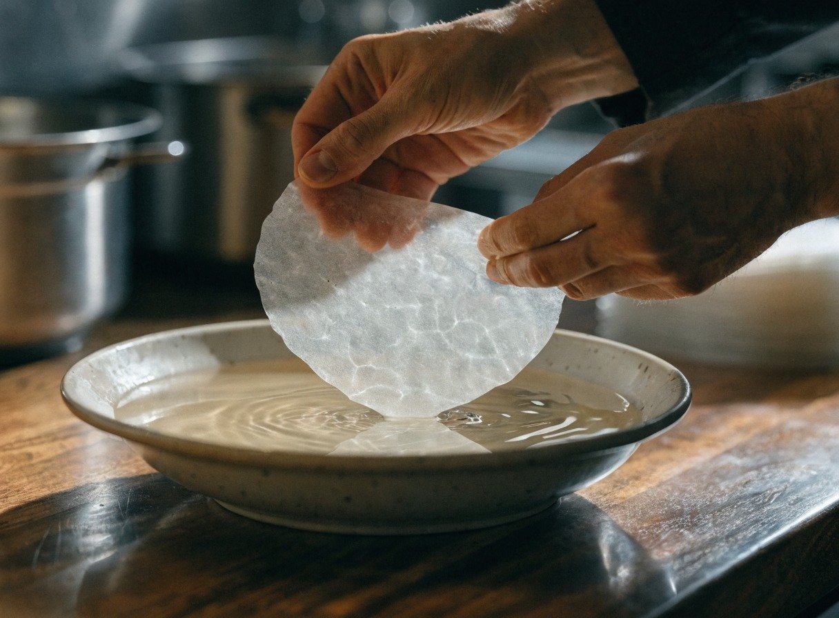 crispy fried rice paper dumplings cooking process - Action shot of a chef's hands dipping a dry rice paper sheet into a shallow bowl of lukewarm water f