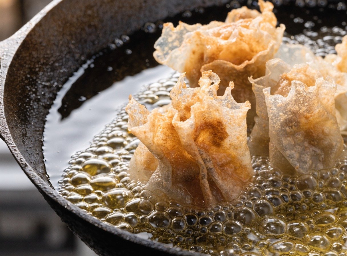 crispy fried rice paper dumplings final dish overhead - Close-up action shot of crispy fried rice paper dumplings sizzling in a deep cast-iron skillet fille
