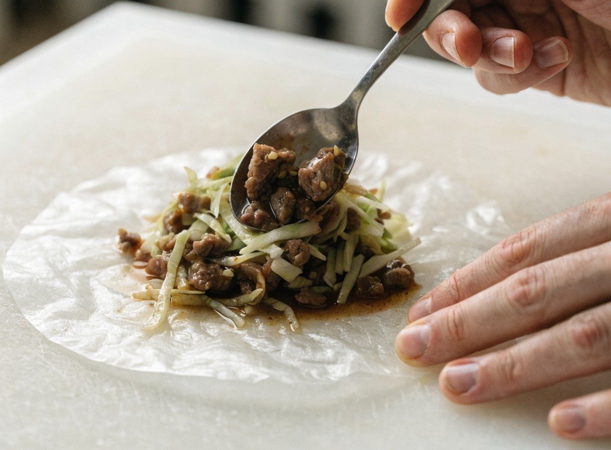 crispy fried rice paper dumplings plating and garnish - Step-by-step detail shot showing a spoonful of savory pork and cabbage filling placed inside the cen