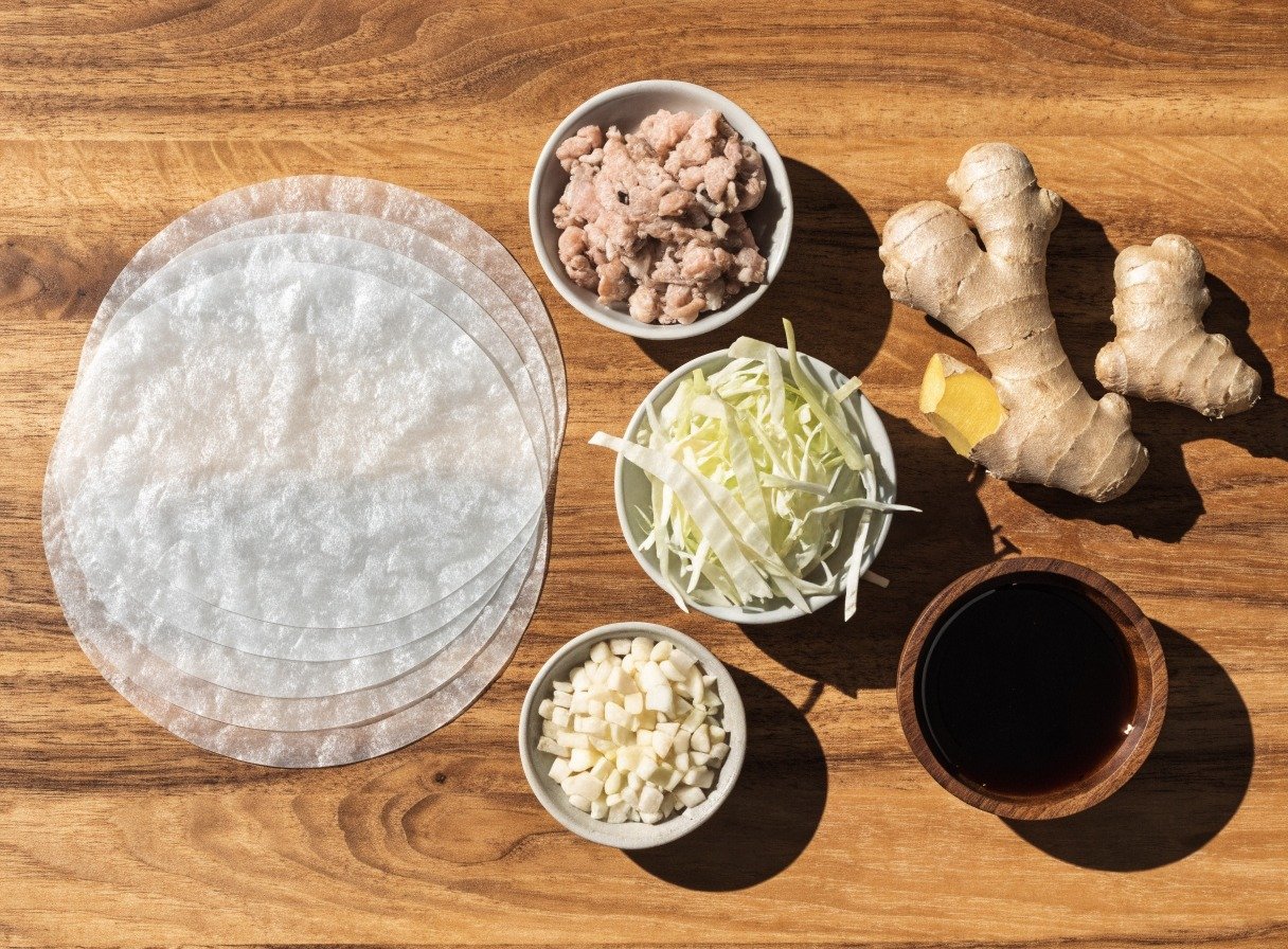 crispy fried rice paper dumplings preparation close-up - Beautifully organized flatlay of ingredients for crispy fried rice paper dumplings including round r