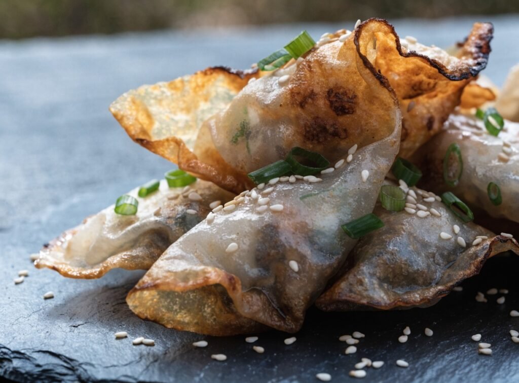 crispy fried rice paper dumplings recipe hero presentation - Stunning photorealistic hero shot of crispy fried rice paper dumplings arranged on a dark slate plat