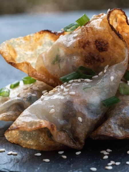 crispy fried rice paper dumplings recipe hero presentation - Stunning photorealistic hero shot of crispy fried rice paper dumplings arranged on a dark slate plat