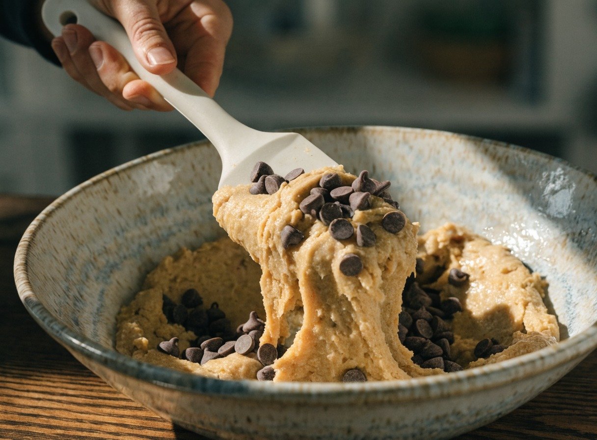 Grandma Ricke's Cookie Recipe cooking process - Action shot of a baker folding chocolate chips into rich cookie dough using a silicone spatula in a