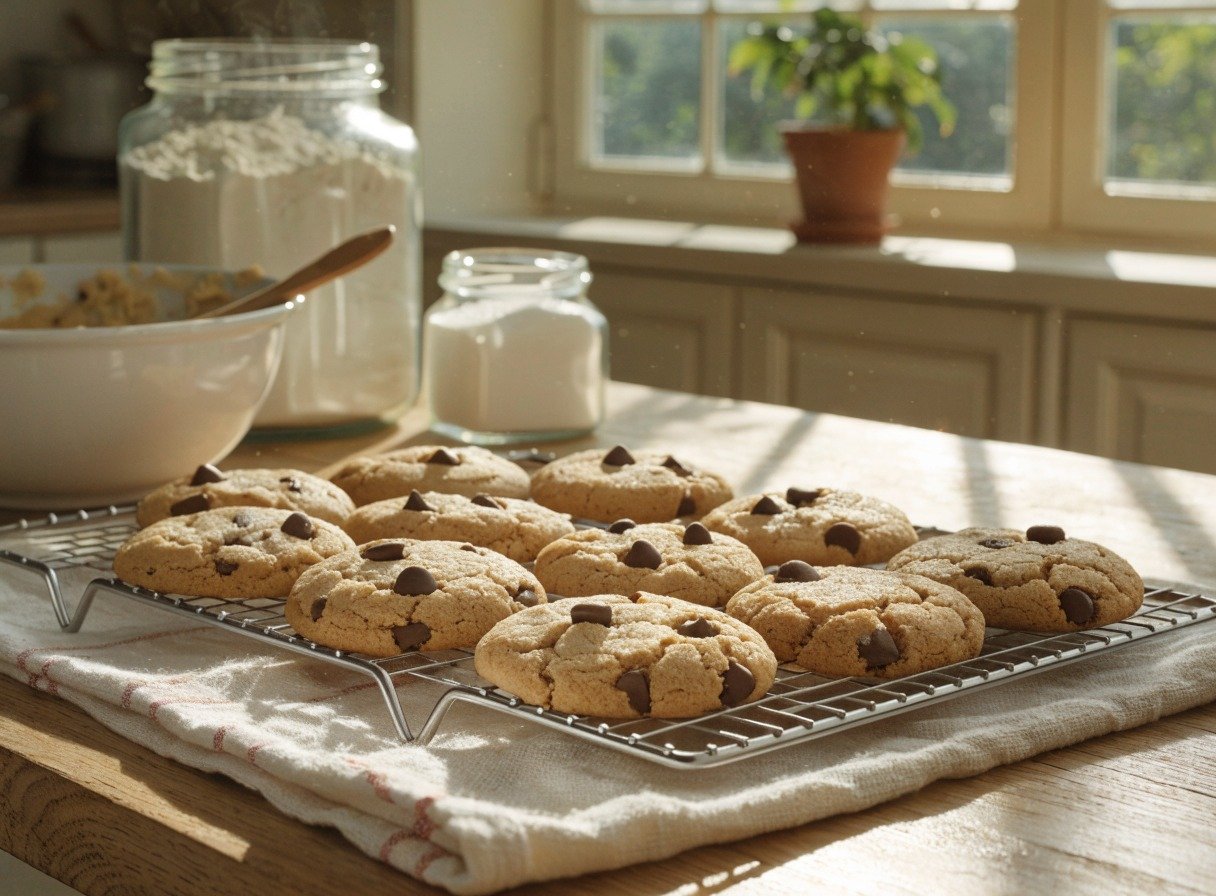 Grandma Ricke's Cookie Recipe final dish overhead - Warm lifestyle shot of baked cookies cooling on a wire rack with soft morning light streaming throug