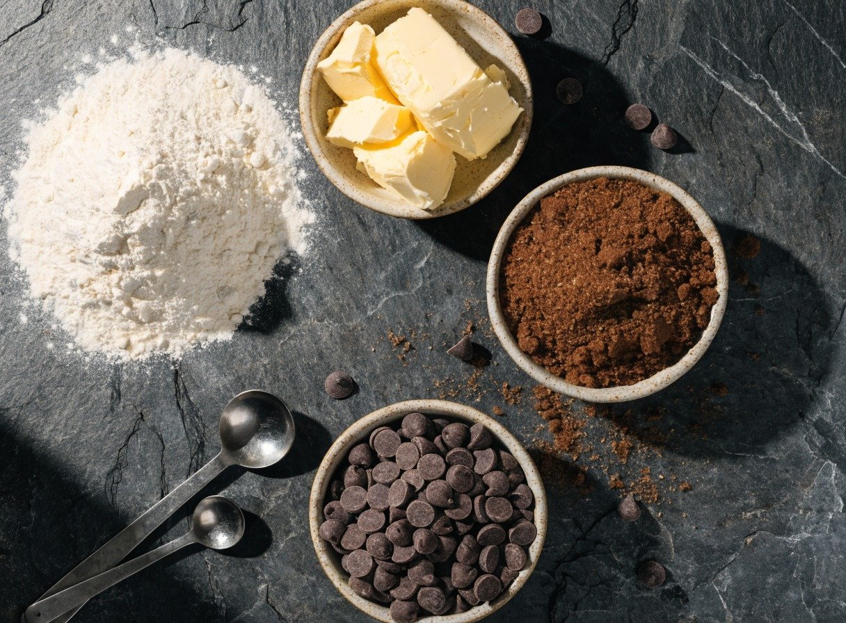 Grandma Ricke's Cookie Recipe preparation close-up - Beautifully organized flatlay of baking ingredients including flour, butter, dark brown sugar, and c