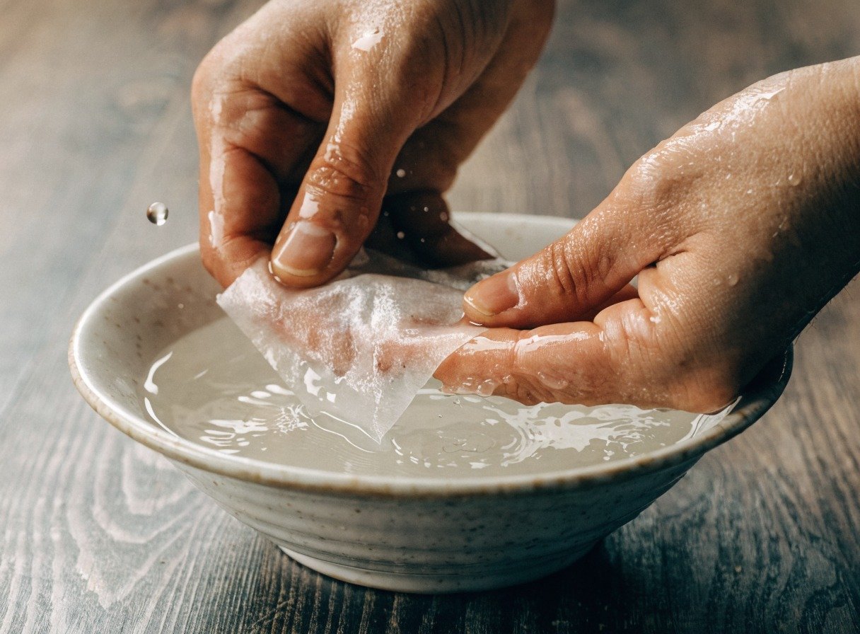 How do you keep rice paper from tearing when making dumplings? cooking process - Action shot of a pair of hands dipping a rice paper sheet into a shallow bowl of lukewarm water.