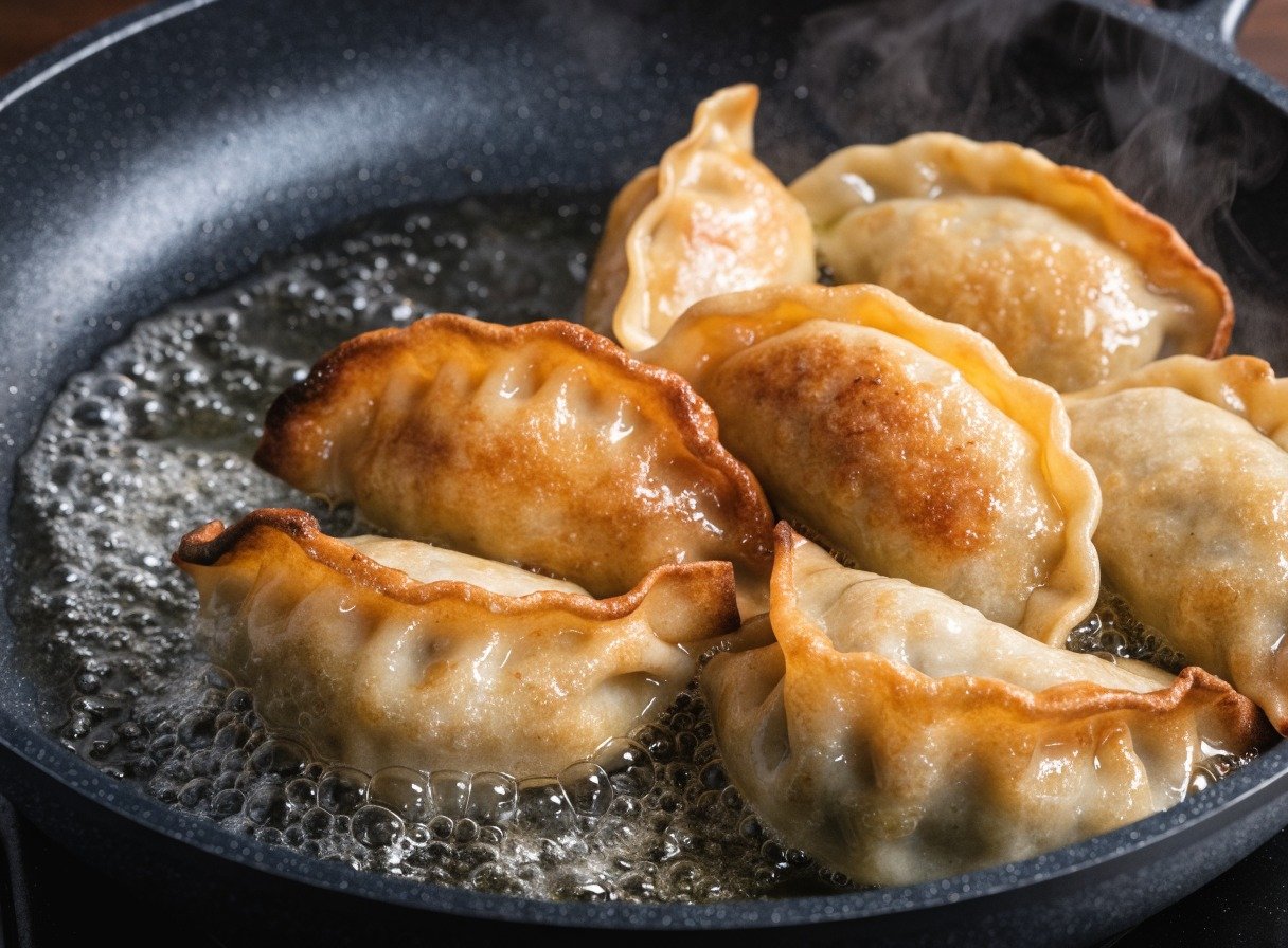 How do you keep rice paper from tearing when making dumplings? final dish overhead - Close-up shot of golden dumplings sizzling in a hot non-stick skillet with light wisps of steam risi