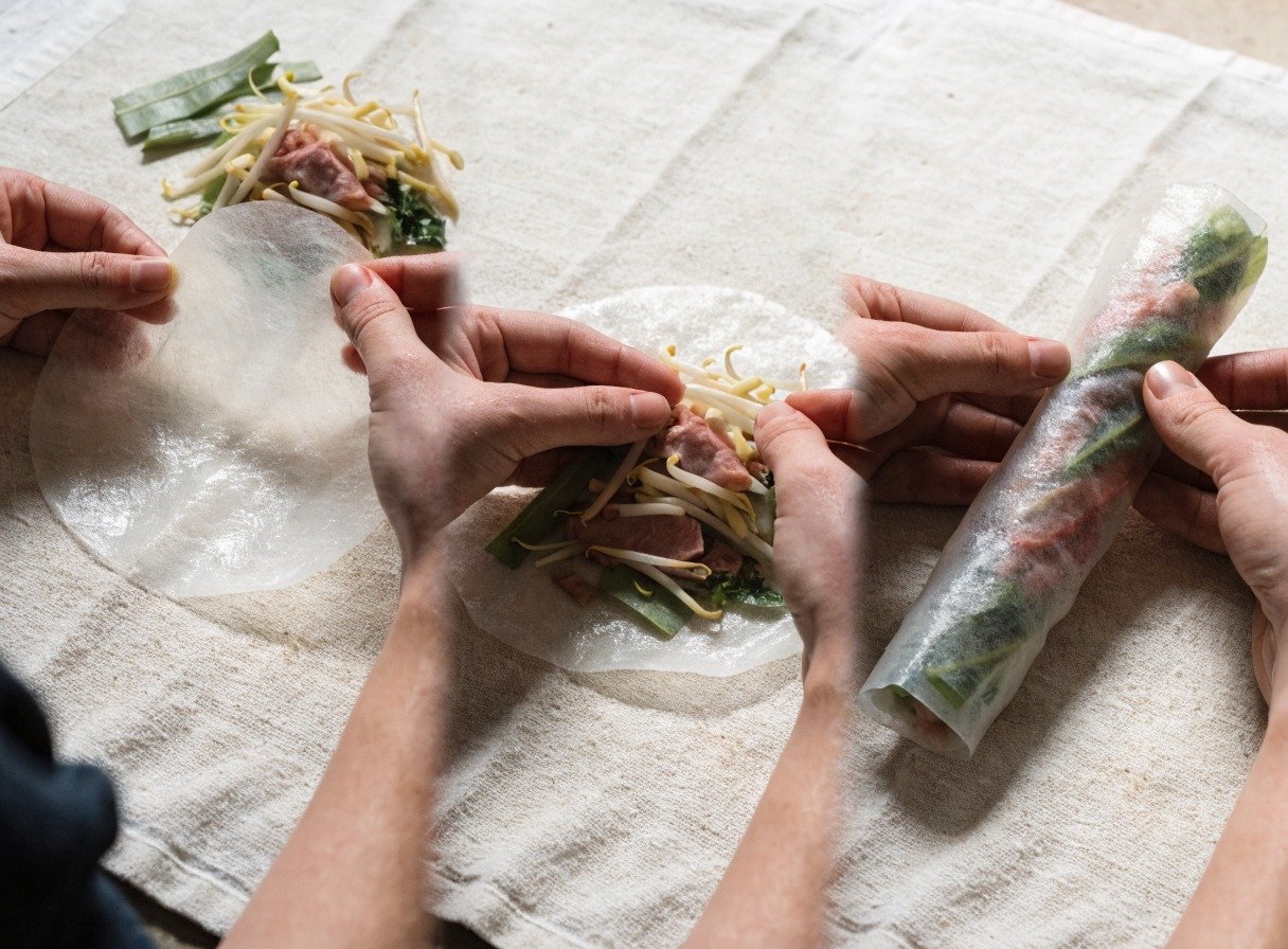 How do you keep rice paper from tearing when making dumplings? plating and garnish - Step-by-step visual of filling and rolling a translucent rice paper dumpling on a damp kitchen towel