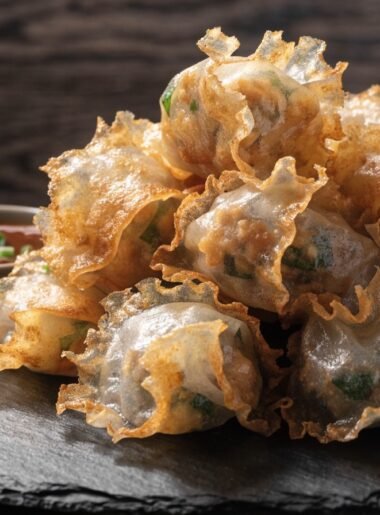 How do you keep rice paper from tearing when making dumplings? recipe hero presentation - Stunning photorealistic hero shot of crispy golden rice paper dumplings served on a dark slate plate