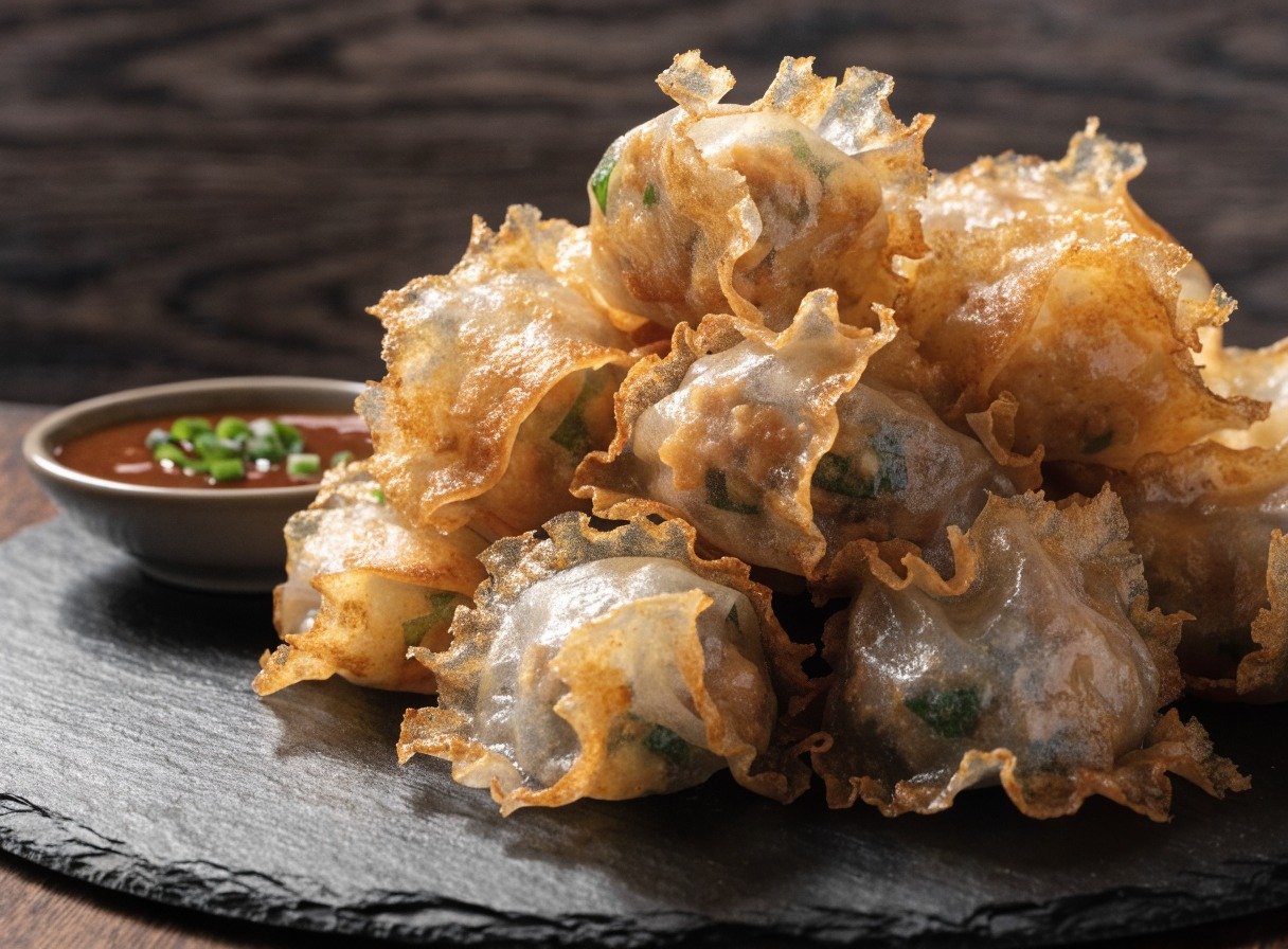 How do you keep rice paper from tearing when making dumplings? recipe hero presentation - Stunning photorealistic hero shot of crispy golden rice paper dumplings served on a dark slate plate