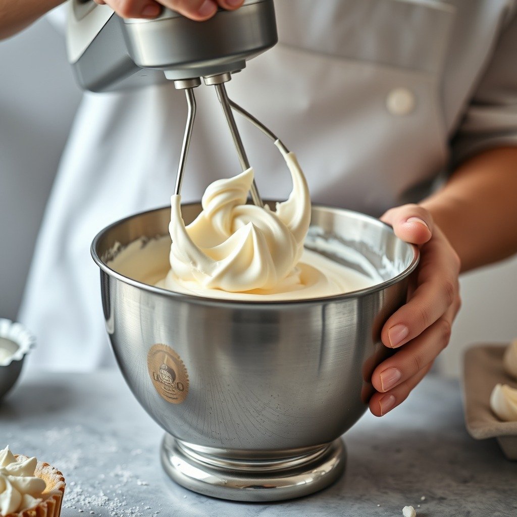 How long does it take to make how to fix runny buttercream without icing sugar? cooking process - Close-up action shot of a baker whipping buttercream in a stainless steel bowl with a hand mixer.