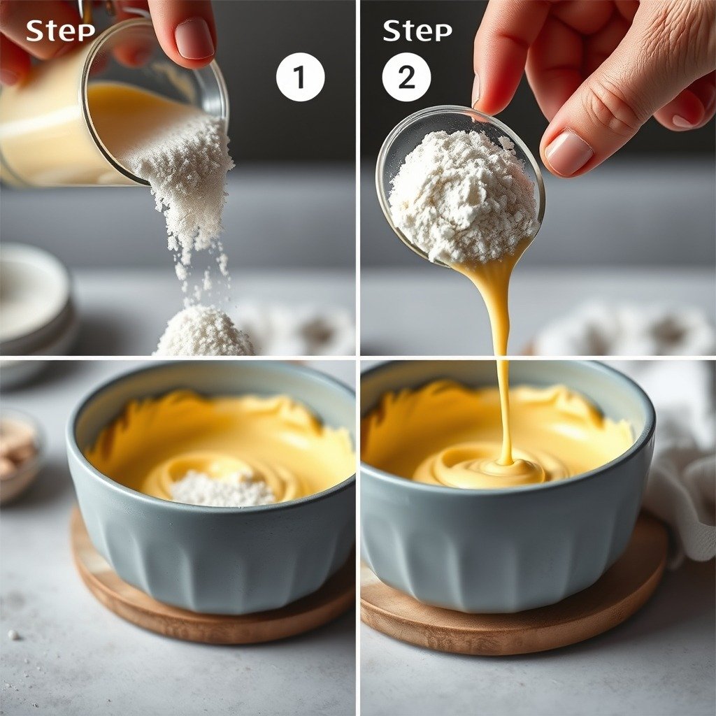 How long does it take to make how to fix runny buttercream without icing sugar? plating and garnish - Step-by-step visual of adding sifted cornstarch into a rich yellow buttercream base.