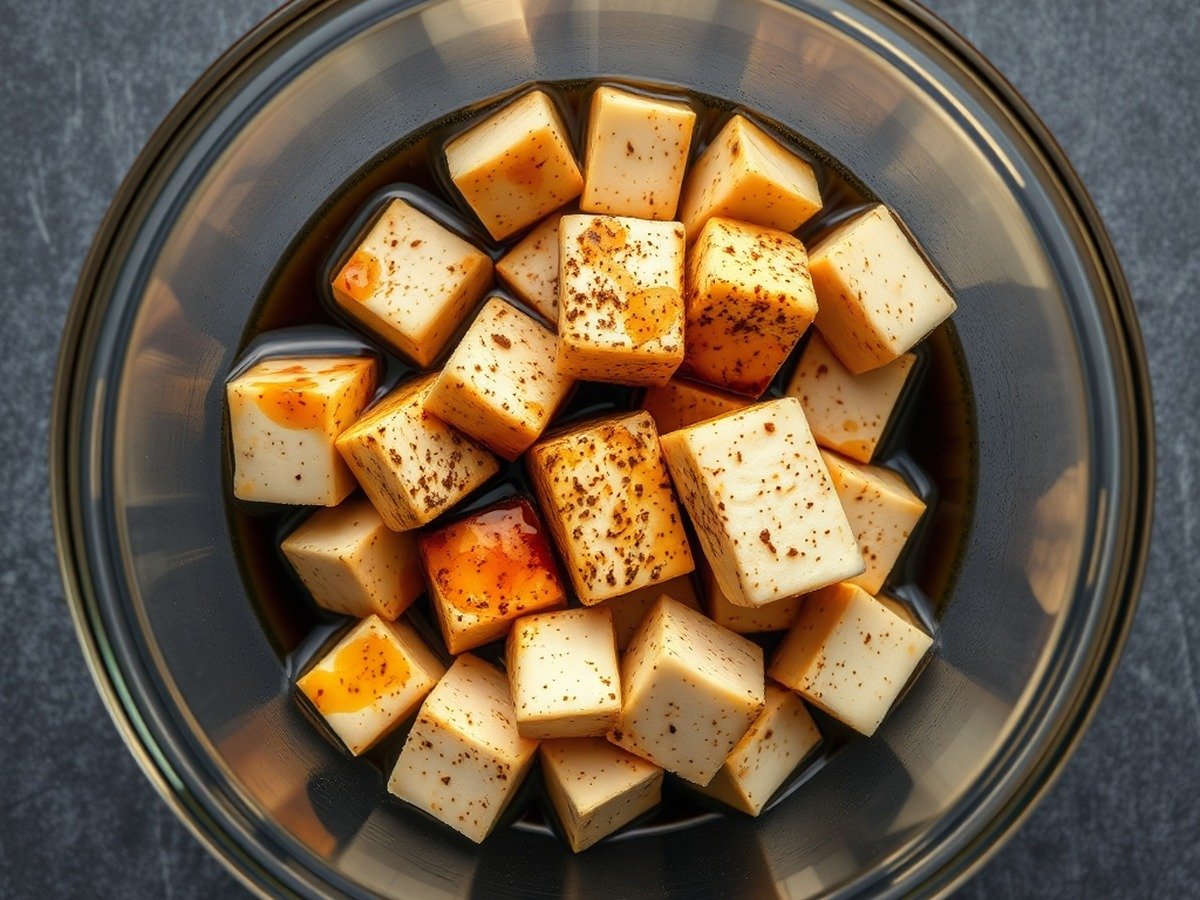 How long to air fry frozen tofu? cooking process - Overhead shot of seasoned tofu cubes being tossed in a glass bowl with oil and soy sauce before goin