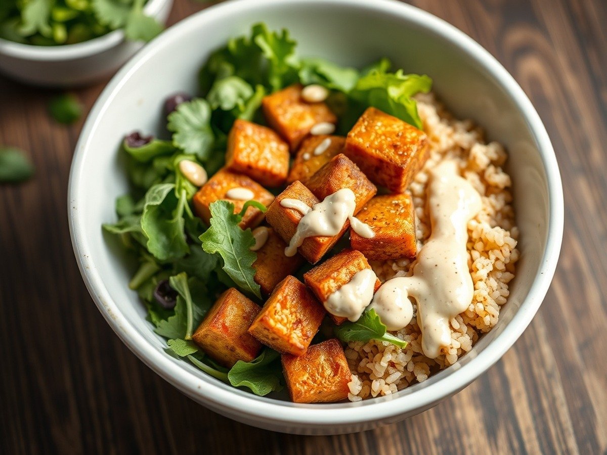 How long to air fry frozen tofu? final dish overhead - Appetizing plant-based meal bowl featuring crispy air-fried tofu cubes, fresh greens, quinoa, and a