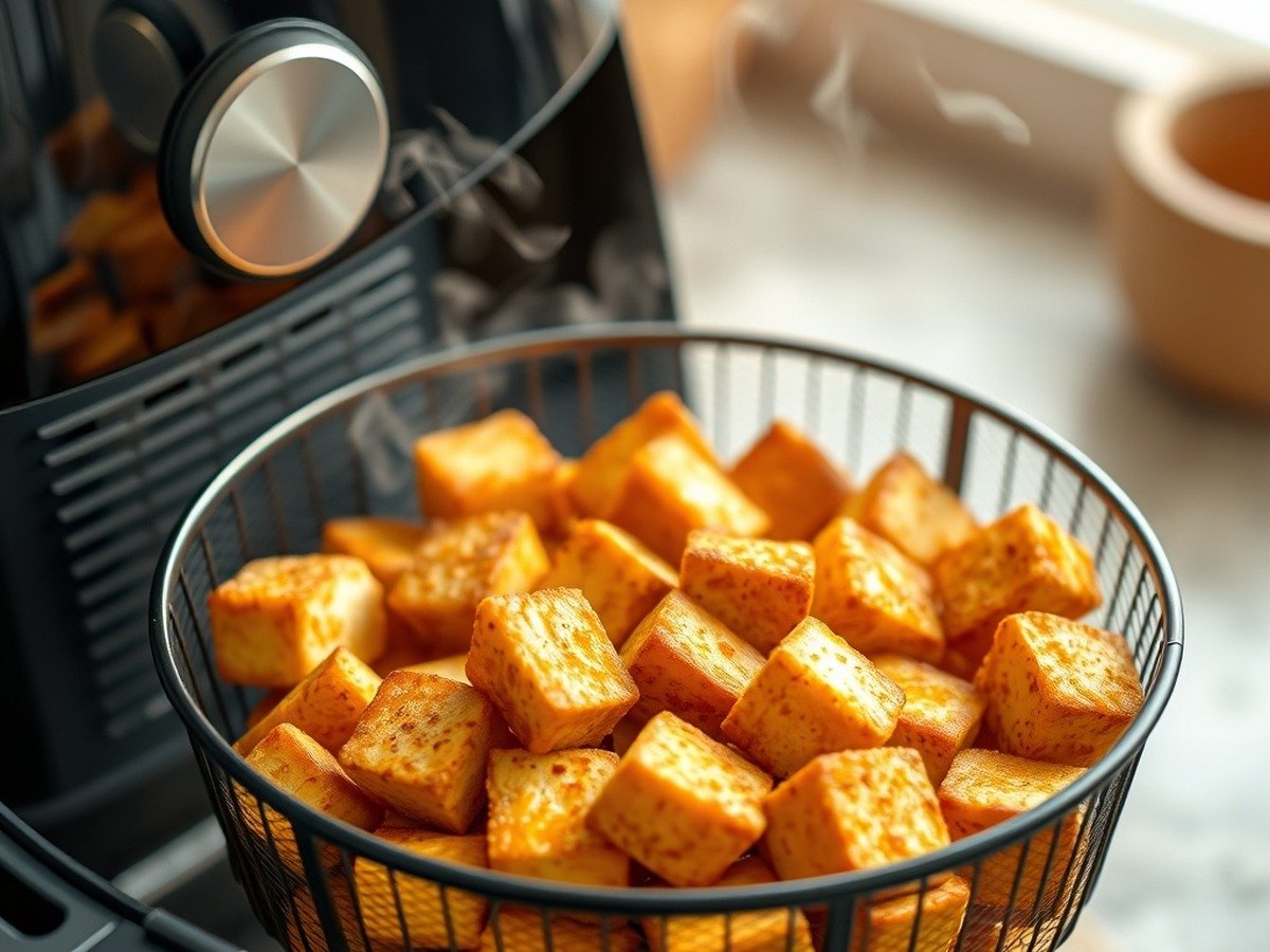 How long to air fry frozen tofu? plating and garnish - Modern air fryer basket filled with evenly spaced, golden-brown crispy tofu cubes, wisps of steam ri