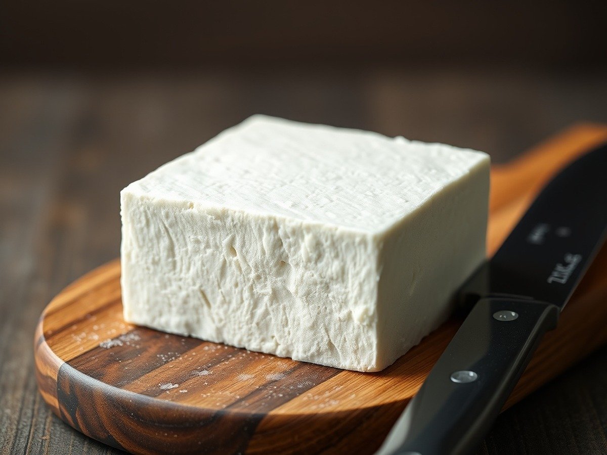 How long to air fry frozen tofu? preparation close-up - Photorealistic image of a raw frozen block of extra-firm tofu showing icy texture on a wooden cuttin