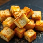 How long to air fry frozen tofu? recipe hero presentation - Close-up photorealistic food photography of golden crispy air-fried tofu cubes dusted with spices on