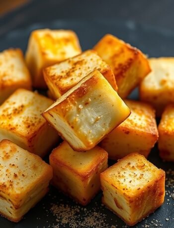 How long to air fry frozen tofu? recipe hero presentation - Close-up photorealistic food photography of golden crispy air-fried tofu cubes dusted with spices on