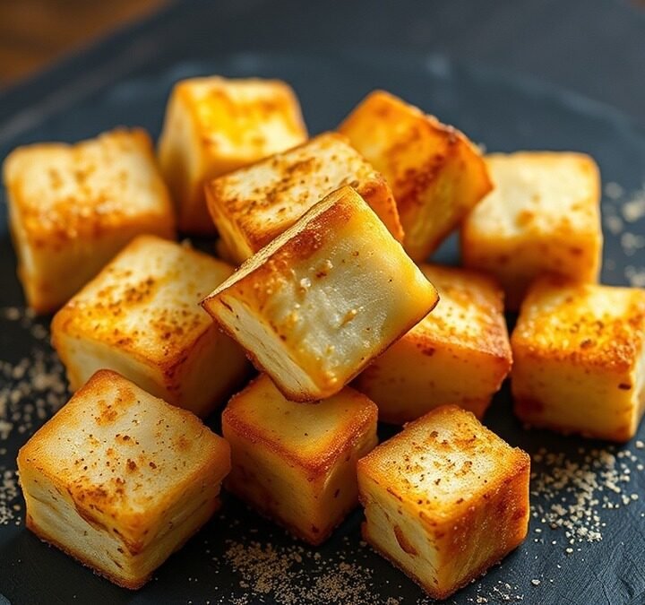 How long to air fry frozen tofu? recipe hero presentation - Close-up photorealistic food photography of golden crispy air-fried tofu cubes dusted with spices on