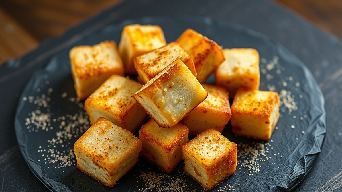 How long to air fry frozen tofu? recipe hero presentation - Close-up photorealistic food photography of golden crispy air-fried tofu cubes dusted with spices on
