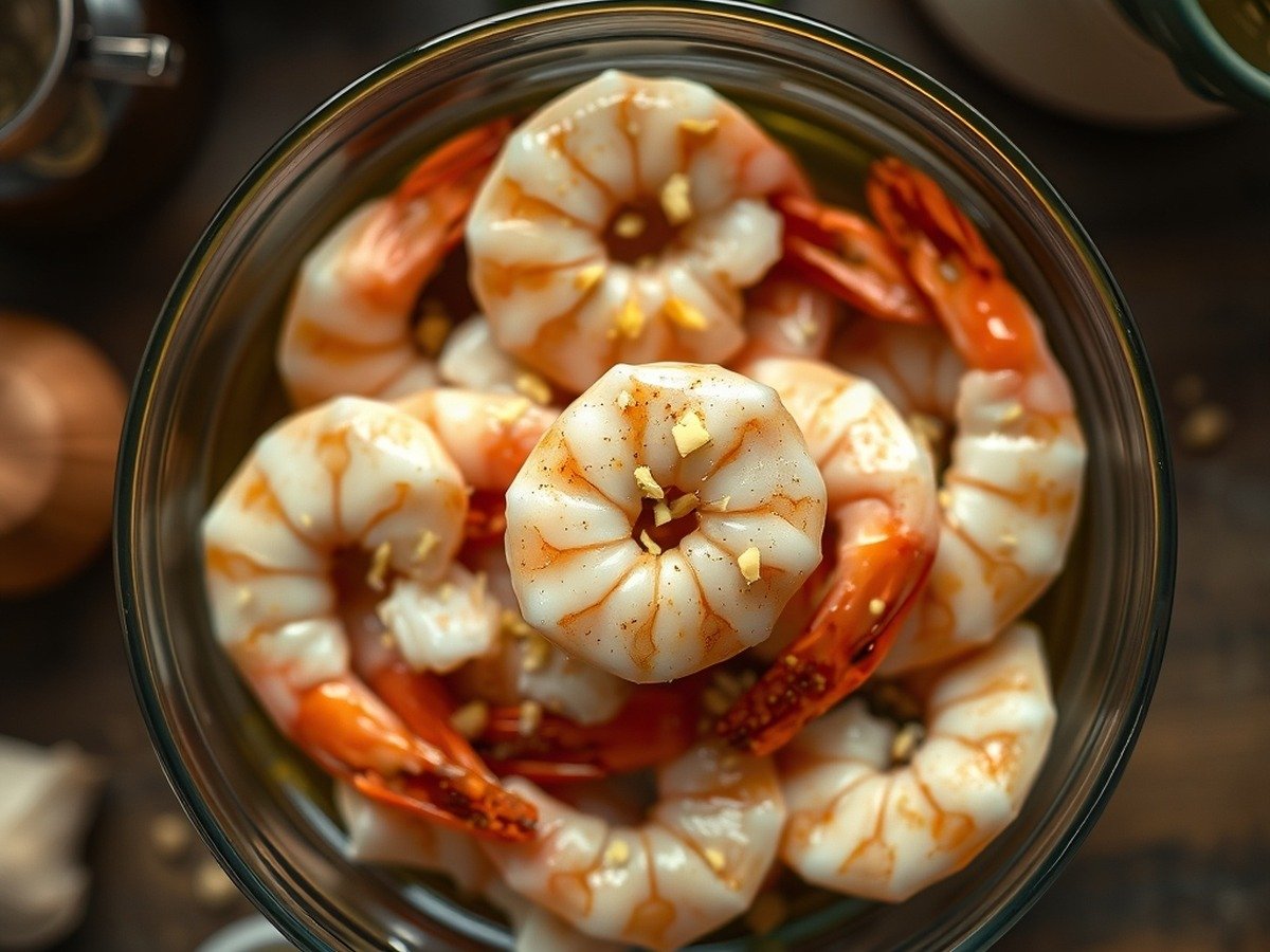 How long to cook frozen shrimp in air fryer? cooking process - An overhead view of seasoned raw shrimp being tossed in a bowl with oil and garlic flakes, cinematic