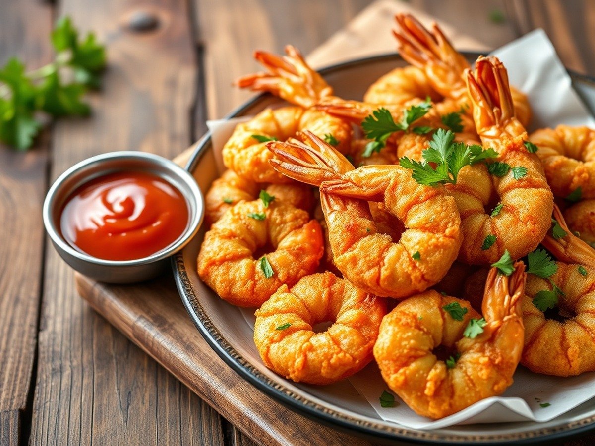 How long to cook frozen shrimp in air fryer? final dish overhead - A rustic wooden table setting featuring a plate of crispy air-fried shrimp garnished with chopped pa