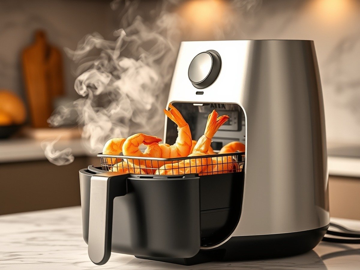 How long to cook frozen shrimp in air fryer? plating and garnish - A sleek modern air fryer on a marble countertop with steam rising from the open basket containing pe