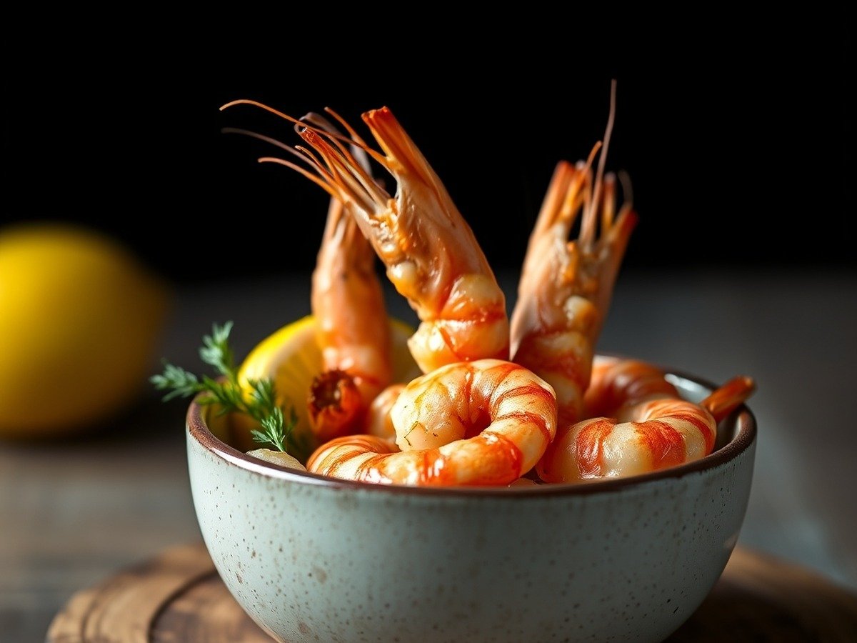 How long to cook frozen shrimp in air fryer? preparation close-up - Golden-brown cooked shrimp resting in a rustic ceramic bowl with fresh lemon wedges and herbs, crisp