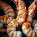 How long to cook frozen shrimp in air fryer? recipe hero presentation - A macro close-up of frozen shrimp dusted with spices sitting inside a dark air fryer basket ready to