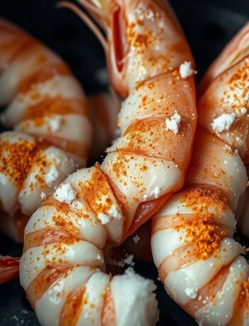 How long to cook frozen shrimp in air fryer? recipe hero presentation - A macro close-up of frozen shrimp dusted with spices sitting inside a dark air fryer basket ready to