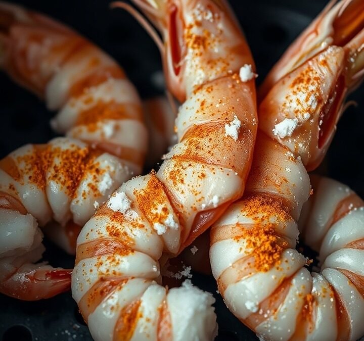 How long to cook frozen shrimp in air fryer? recipe hero presentation - A macro close-up of frozen shrimp dusted with spices sitting inside a dark air fryer basket ready to