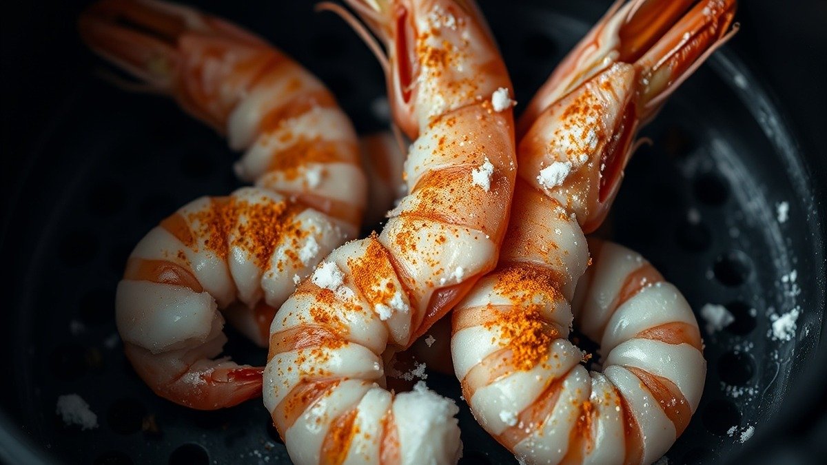 How long to cook frozen shrimp in air fryer? recipe hero presentation - A macro close-up of frozen shrimp dusted with spices sitting inside a dark air fryer basket ready to