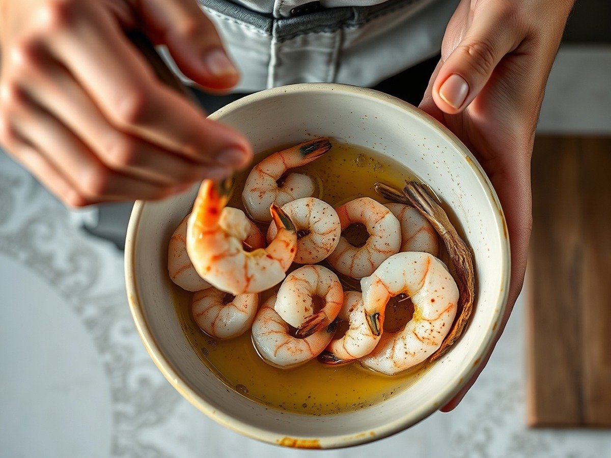 how to cook frozen shrimp in air fryer cooking process - Action shot of a home cook tossing frozen shrimp in olive oil and spices inside a ceramic bowl, dram