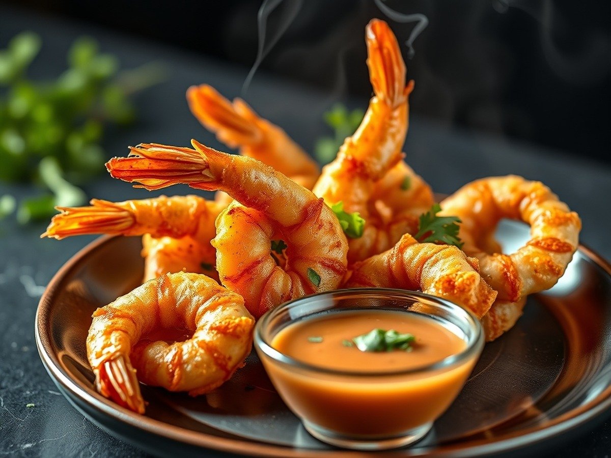 how to cook frozen shrimp in air fryer final dish overhead - Finished crispy air fryer shrimp plated elegantly with a small bowl of dipping sauce, garnish of fre