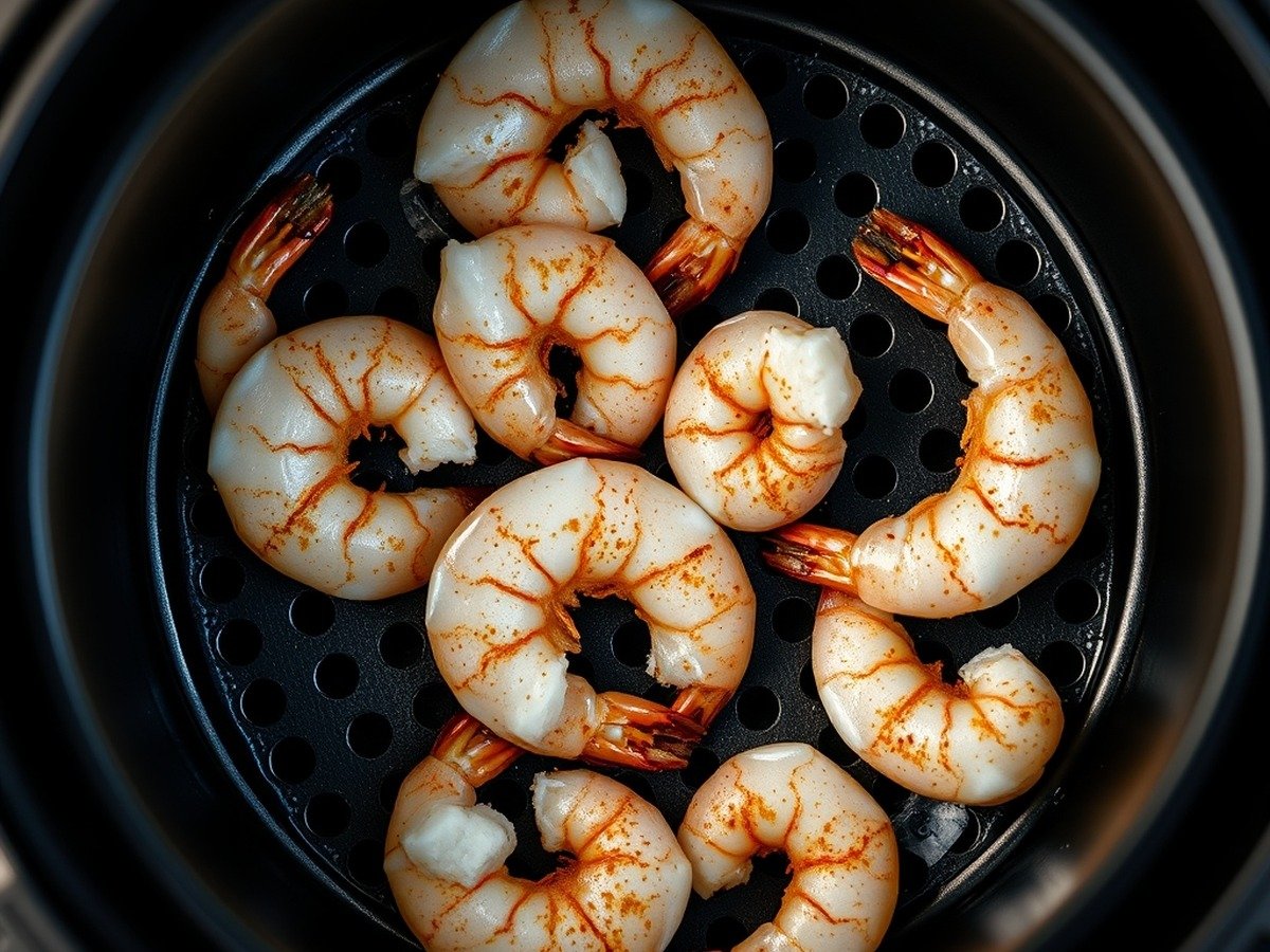 how to cook frozen shrimp in air fryer plating and garnish - Close-up step-by-step visual of seasoned frozen shrimp arranged in a single layer inside a modern bl