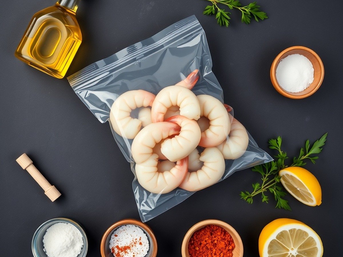 how to cook frozen shrimp in air fryer preparation close-up - Beautifully organized flatlay of ingredients for how to cook frozen shrimp in air fryer, including a