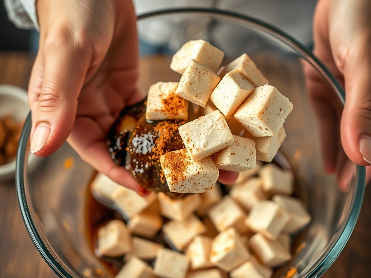 how to cook frozen tofu in air fryer cooking process - Action shot of hands tossing thawed tofu cubes in a mixing bowl with dark savory marinade and spices