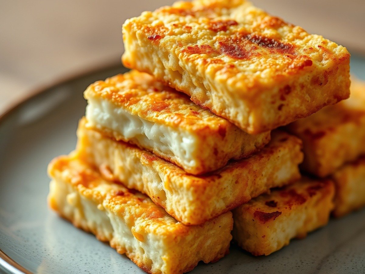 how to cook frozen tofu in air fryer final dish overhead - Macro detail shot of crispy, golden-brown air-fried tofu pieces stacked neatly on a ceramic plate, h